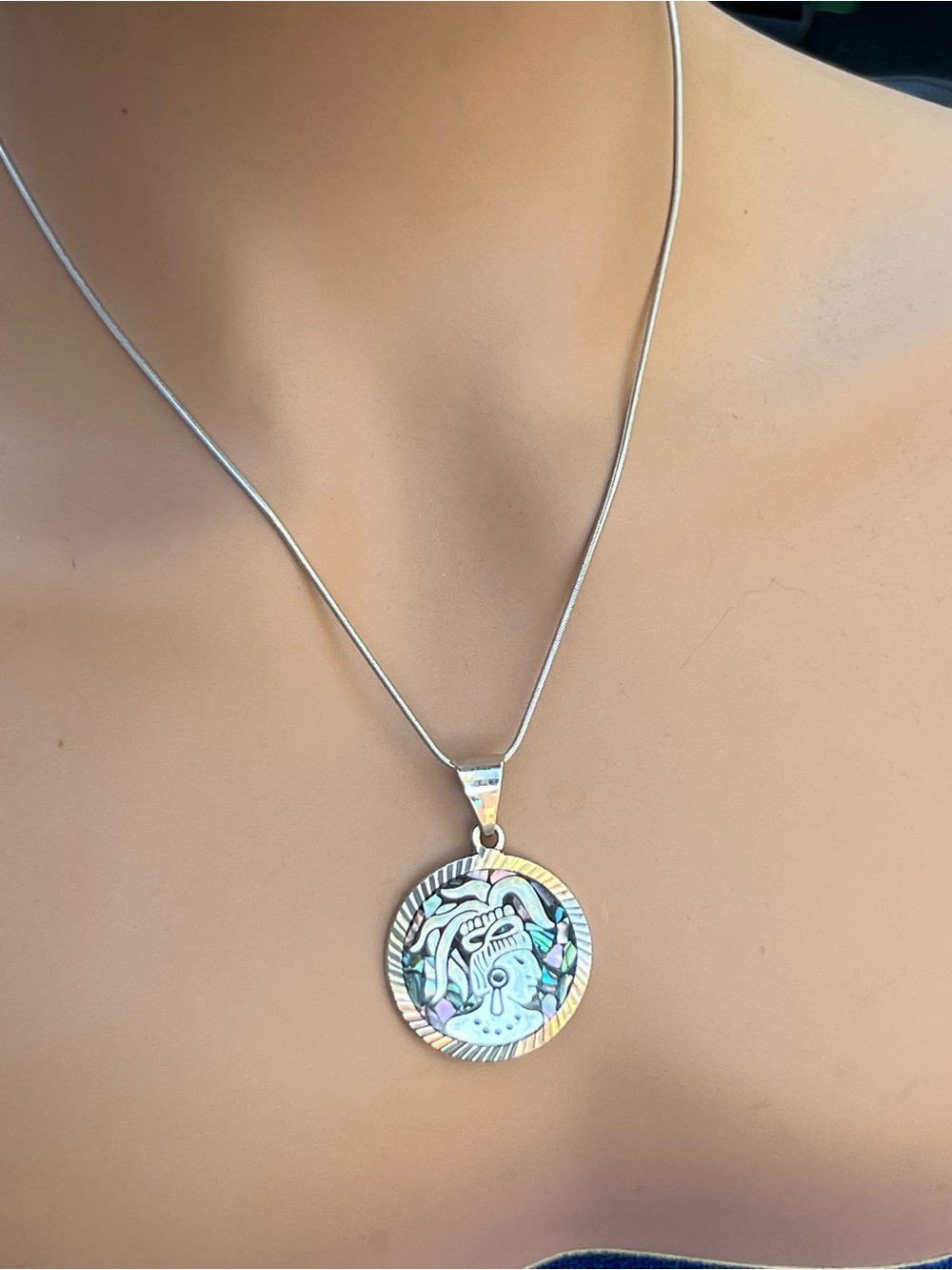 L80: 925 Silver Abalone Mayan Warrior Medallion Pendant on 925 snake chain